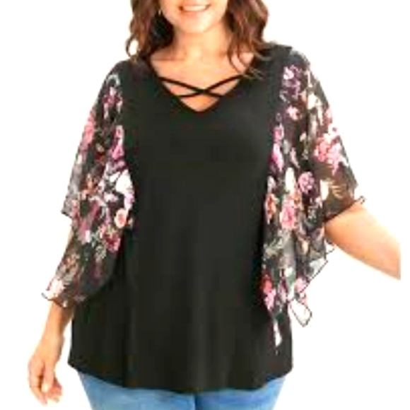 Floral Chiffon Dolman Sleeve Crisscross V Neck Tunic Top Size 2X - Picture 1 of 11
